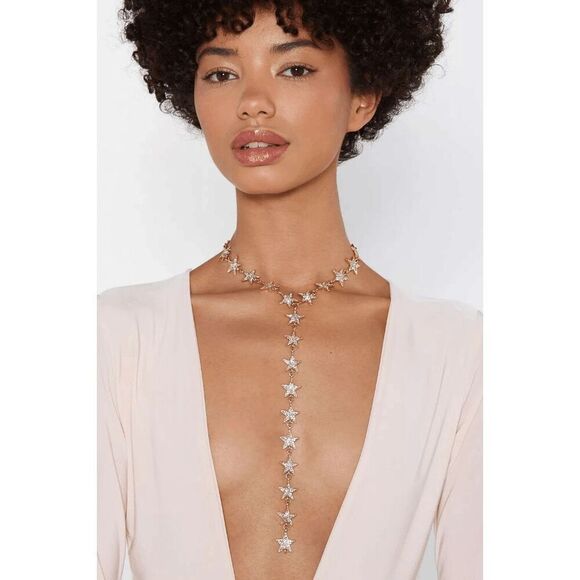 ⭐ Star Drop Spangled Sparkly Shiny Rhinestone Y Lariat Long Gold Necklace NEW - Picture 7 of 16